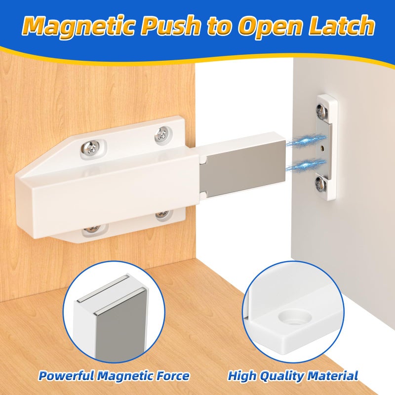 Jiayi Magnetic Push to Open Jiayi Push Release Magnet Cabinet Door Latch, Push Open Drawer Catch for Large Door, Push in Door Unlock Kitchen Spring Opening Press Out Push Magnetic Latches (White, 4 Pack) - Image 5